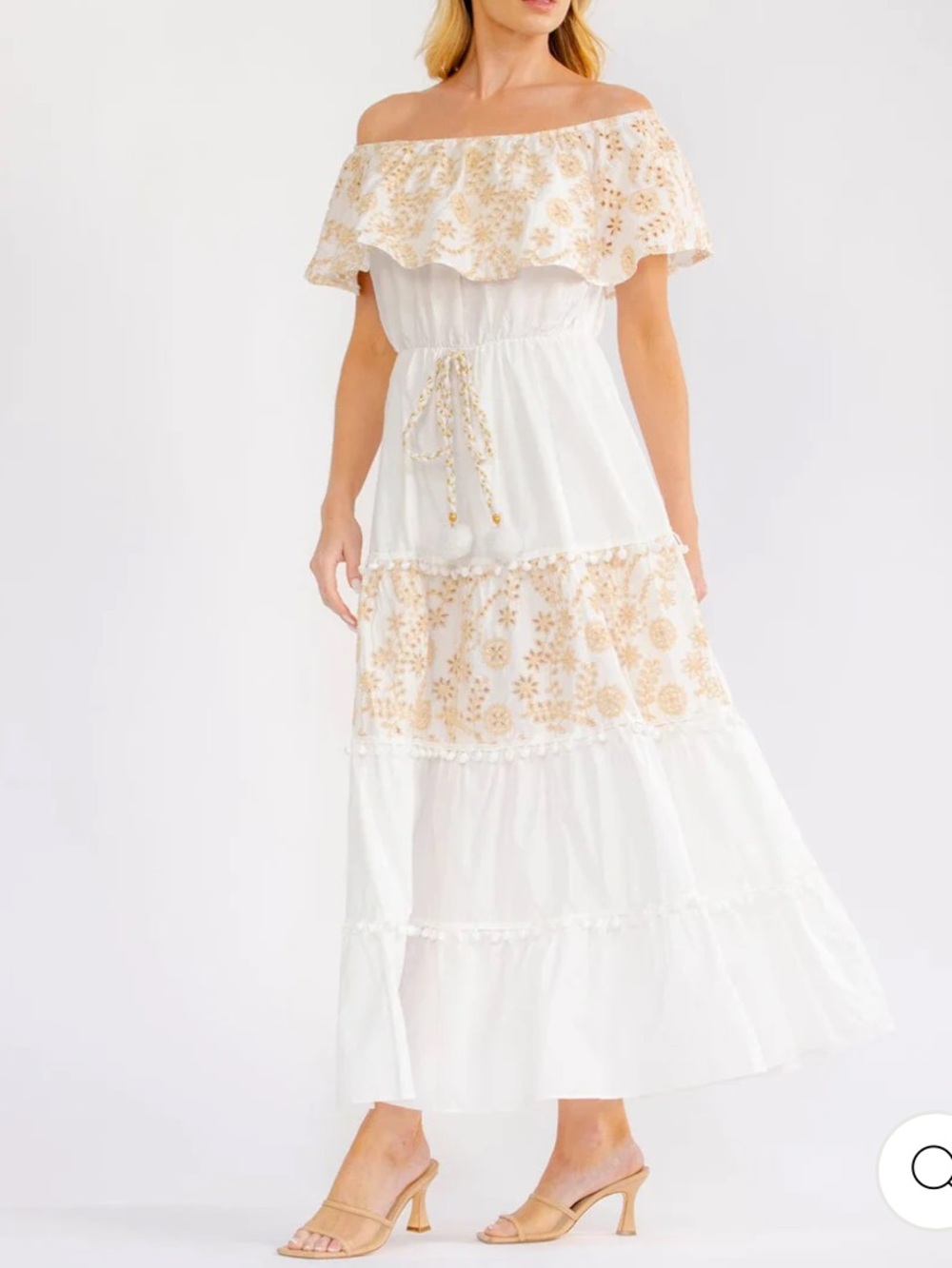 Boho WOMEN'S NWT Costal Summer off SHOULDER TIERED EYELET MAXI DRESS S-M-L - Picture 4 of 4